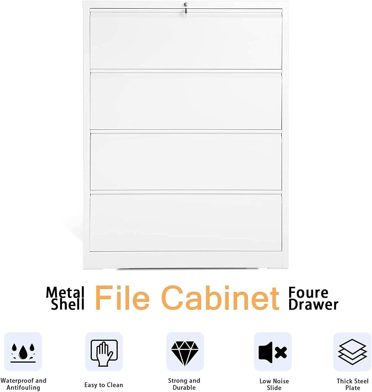 Bonusall 4 Drawer Lateral File Cabinet with Lock, Locking Metal lateral Filing Cabinet for Office Steel lateral File Cabinet, Large Horizontal File Cabinet Locked by Keys, White : Office Products