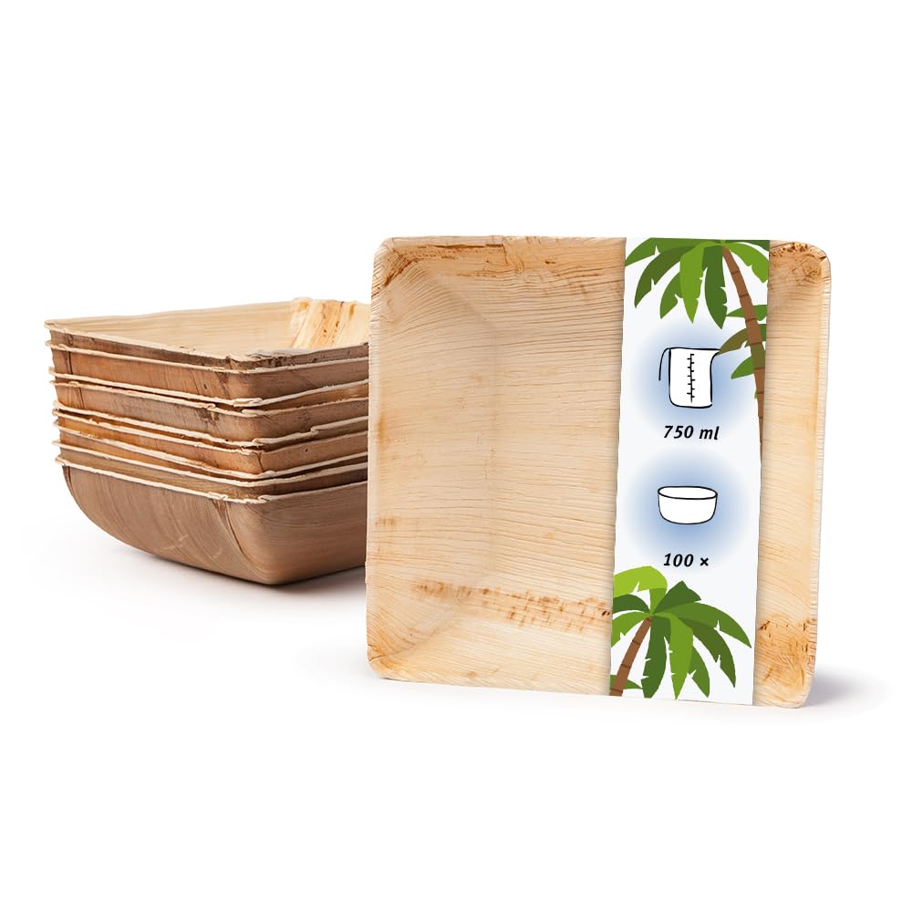 Palmware Vajillas desechables ecológicas hechas de hojas de palma I 100 piezas oja de palma tazón cuadrada 750ml 18cm I ensaladera - tazón de sopa - tazón de servir - tazón de aperitivos