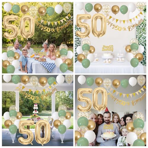 Image of 50th Birthday Decorations for Men Women, Sage Green White Gold Balloons with 50th Banner Number 50 Balloon for 50 Year Old Birthday Party Decor