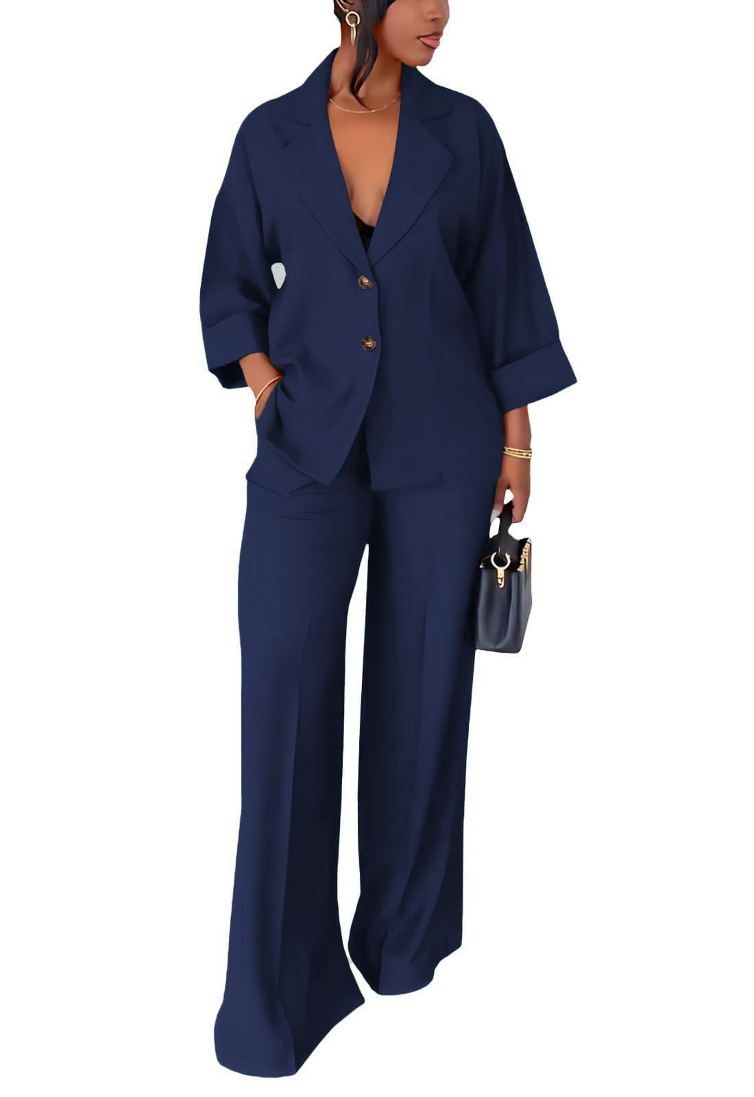 Casual Blazer Pants Suits for Women Dressy Oversized Long Sleeve Blazer and Wide Leg Pants 2 Piece Outfits