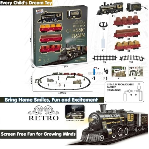 Image of Classic Steam Train Set for Kids 3+ with Real Smoke, Light & Sound, Rechargeable Battery Operated Electric Railway Toy with 155CM Track & Cargo Cars, Gift for Boys & Girls