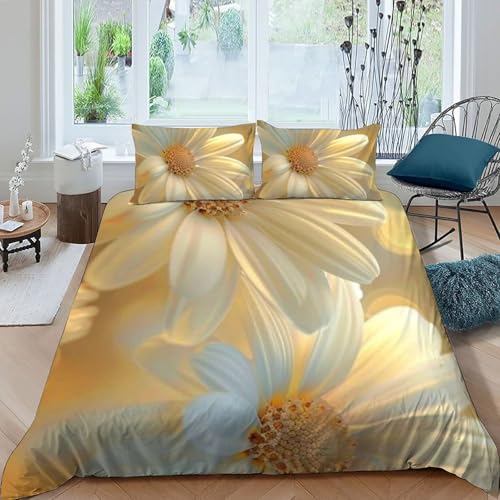 Housse de couette fleurs blanches imprimé 3D 200x200 microfibre lit double avec fermeture éclair