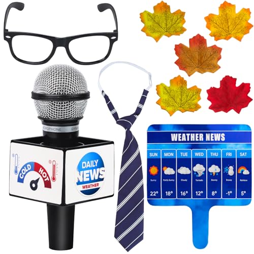 Yewong Kids Meteorologist Costume Set Weather Man Necktie Glasses Microphone Maple Leaves Weather Chart Prop for Career Day (Blue Necklace Set)