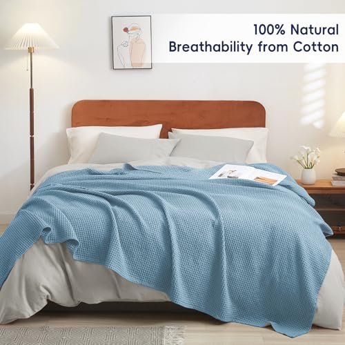 Image of PHF 100% Cotton Waffle Blanket Lightweight Breathable, Twin Size Dusty Blue | Pre-washed Soft Cozy Summer Throw for Hot Sleepers, Textured Decorative Layer for Bed Couch Sofa Guest Room, Giftable