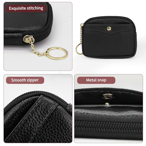 Women Leather Coin Purse, Small Change Wallet Coin Pouch with Key Chain and Zip Portable Change Purse for Women (Black)3