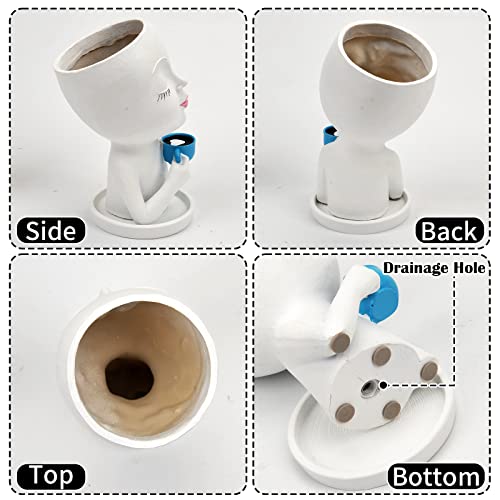 Toparad Face Flower Pots Head Planter, Cute Resin Face Planters For Indoor Outdoor Plants, Funny Succulent Planters Plant Pot Face Vase With Drainage Hole And Tray For Home Garden Cactus (White) #TOP4