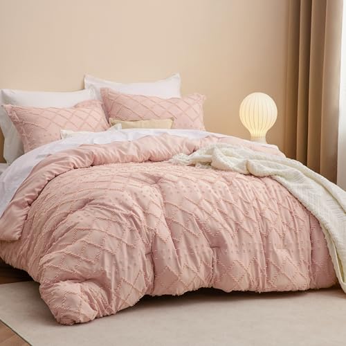 Image of Bedsure Queen Comforter Set - Coral Pink Comforter, Boho Tufted Distressed Vintage Bedding for Kids, 3 Pieces Farmhouse-Style Bed Set for All Seasons, Fluffy Soft Bedding with 2 Pillow Shams