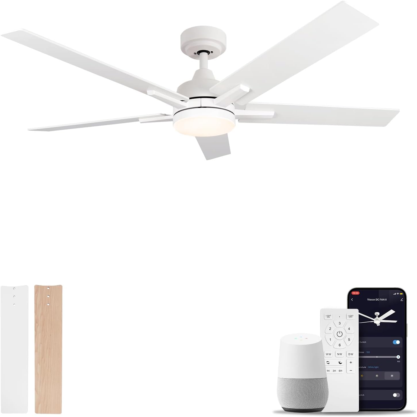 52 Inch Ceiling Fan, Smart Ceiling Fan with Remote/APP, White Ceiling Fan with 6-Speeds Reversible Motor, Alexa Ceiling Fan with 5 Two-sided Blades Dimmable Noiseless for Indoor Bedroom/Outdoor White 52 Inch