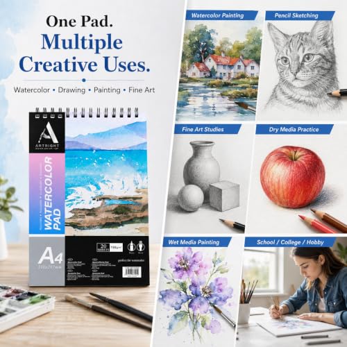 Image of ArtRight Artists' Watercolor Paper Pad A4 190 GSM - 20 Sheets of Handmade Rough Grain Water Colour Papers, Ideal for Artist, Professional Drawing, Painting Dry & Wet, Fine Art, School, Student, Watercolor
