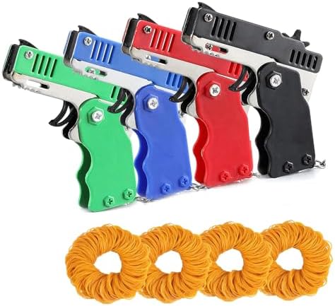 Kids Toys Cool Keychain Rubber Band Launcher Toy 4pcs Mini Metal Folding Rubber Launcher Toy with 240 Elastic Rubber Bands for Game Outdoor Activities (4 Colors)