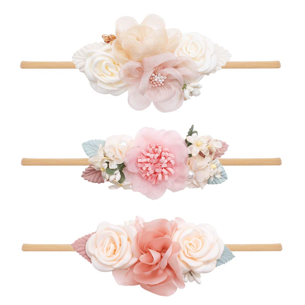 cherrboll 3 diademas de flores para bebé, súper suaves y elásticas, de nailon, para recién nacidas