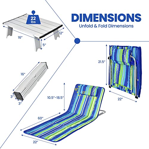 Image of Giantex Beach Chairs for Adults 2 Pack Set with Side Table, 5 Position Adjustable Folding Lawn Chair for Sunbathing, Patio Chaise Lounge Lightweight Backpack Camping Chairs (Stripe)