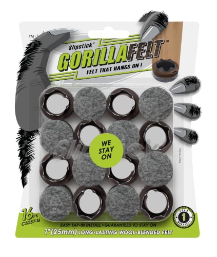 GorillaFelt Chair Leg Floor Protectors/Felt Chair Glides (Set of 16) Tap-On Felt Furniture Pads Guaranteed to Stay On 1 Inch Round Chair Sliders
