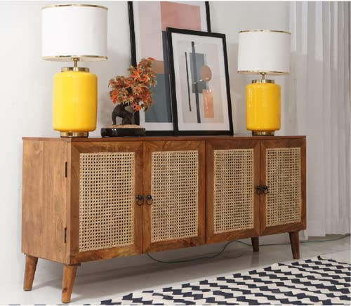 Image of Space Galaxy Wooden Sideboard Cabinet for Living Room | Solid Sheesham Wood & Rattan Cane Storage Cabinet with 4 Doors | Buffet Cabinet for Drawing Room, Office & Lounge | Natural Finish