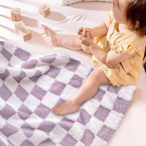 Image of HOMRITAR Purple Checkerboard Baby Blanket for Boys Girls Fluffy Fleece | Soft Plush Warmer Receiving Blanket for Infant Toddler Shower Gift Nursery Crib Bed Stroller All Season 30 x 40 Inch