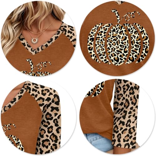 Halloween Shirts for Women Fall Leopard Pumpkin 3/4 Sleeve V Neck Tshirt - image 5