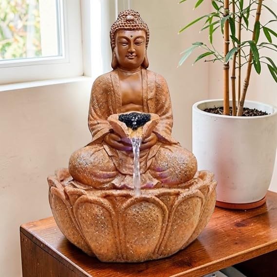 15 Inch LED Lotus Buddha Indoor Water Fountain || Marble Dust Zen Waterfall Showpiece for Home Decor, Living Room, Office Desk, Spiritual Gifting (Brown)-picture-31