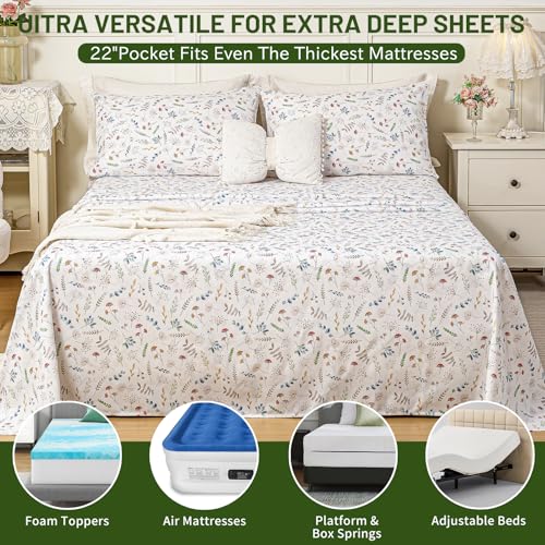 Image of Bedlifes Extra Deep Pocket 18-24 inch Queen 4-Piece Sheet Set - Cooling Sheets Blend Rayon Derived from Bamboo Soft & Breathable Floral Design