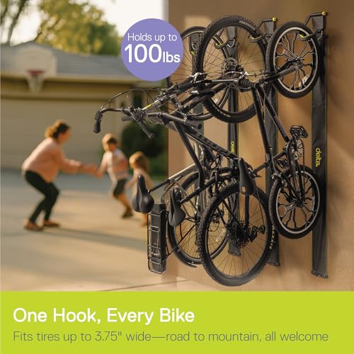Image of Delta Wall Ride Bike Rack Wall Mount with Tire Wall Guard Cycle - Vertical Bike Mount Holds Up to 100 lbs - Fully Adjustable Vertical Hanger Hook Design Provides Easy Bicycle Storage Access