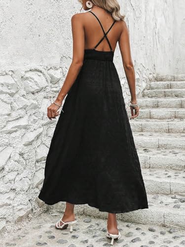Image of Milumia Women's Backless Long Summer Dress A Line Flowy Maxi Sundress | Spaghetti Strap,Deep V Neck,Somcked Waist,Beach & Wedding Guest,Sleeveless