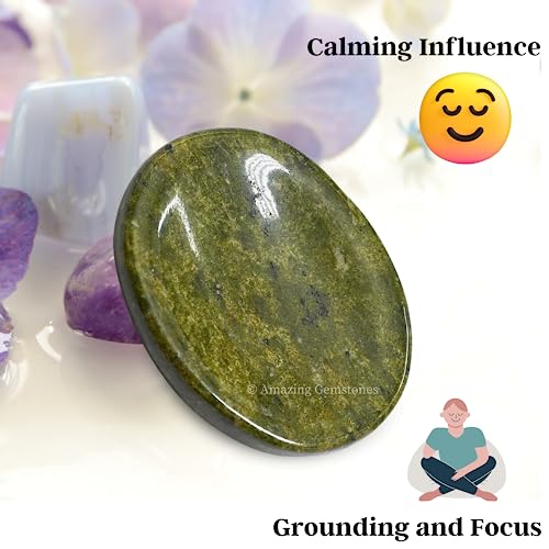 Image of Amazing Gemstone Vesuvianite Worry Stone Crystals and Healing Stones - Stones for Stress Relief - Piedra Crystal Fidget for Meditation, Relaxation - Unique Stocking Stuffers and Birthday Gift