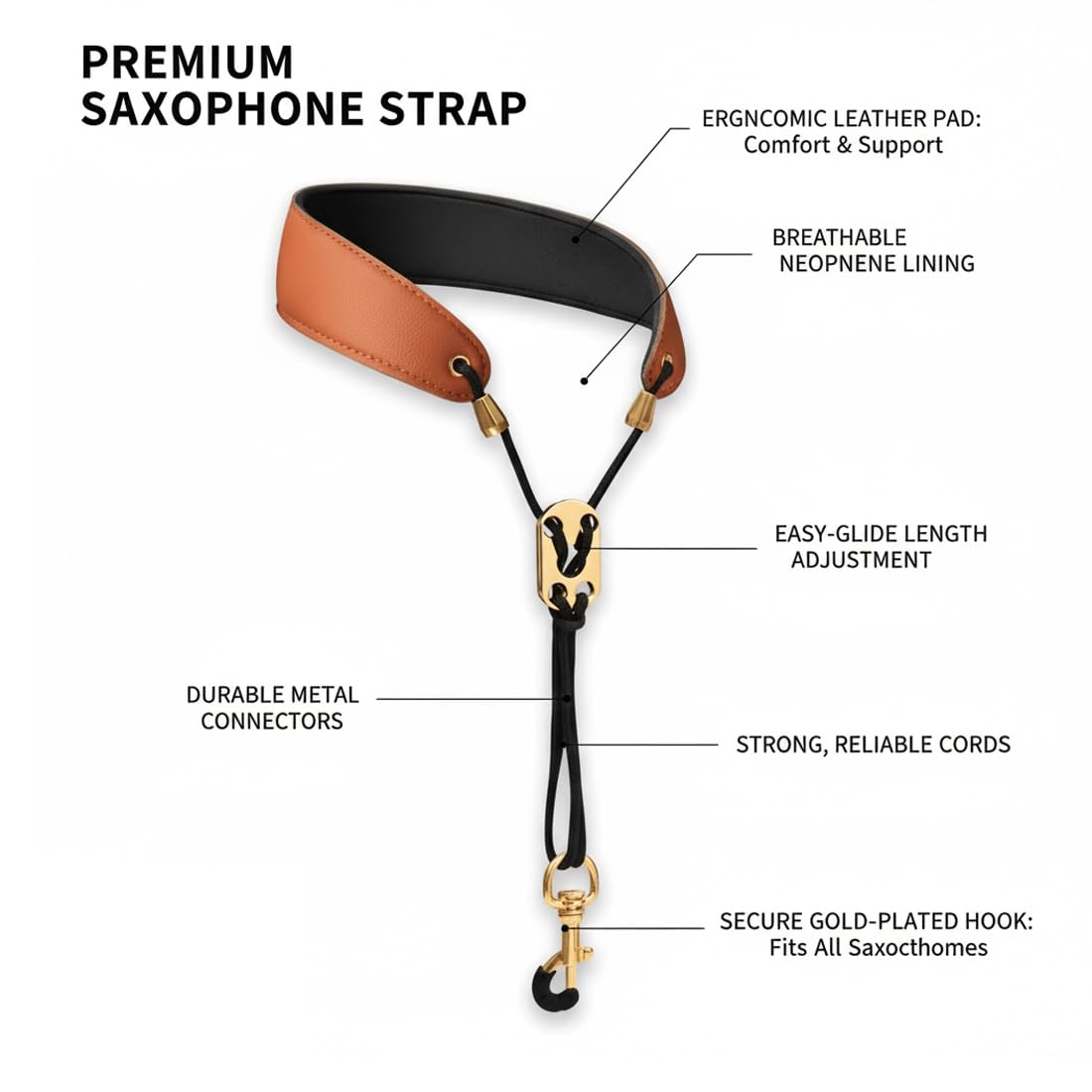 Tracolla per Sax, Cinturino Collo Ergonomico e Regolabile, Gancio in Metallo ad Alta Resistenza, Super Fibra Leggera e Confortevole, per Strumenti Musicali (Marrone)