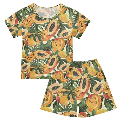 ALAZA Tropical Palm Leaves Papaya Pajamas Short Sleeve 2 Piece Sleepwear Top and Bottom Pajama Set Unisex