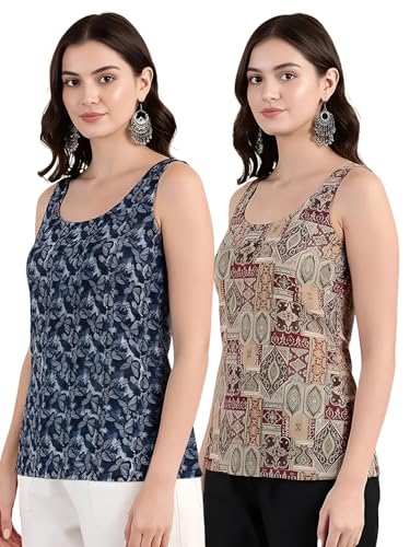 Image of Pinkmint Women Cotton Blend Printed Short Kurti Top (Pack of 2) | Stylish Casual Wear | Sleeveless Top | Back Dori Design | Comfortable Kurta Tops