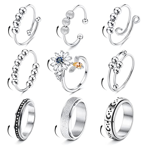 YADOCA 9 Pcs Fidget Bague pour Femmes Bague Argent Réglable Anneau Ouvert Ensemble Spinner Anneaux Fleur Perle Zircone Soulagement du Stress Anneaux Empilables 62
