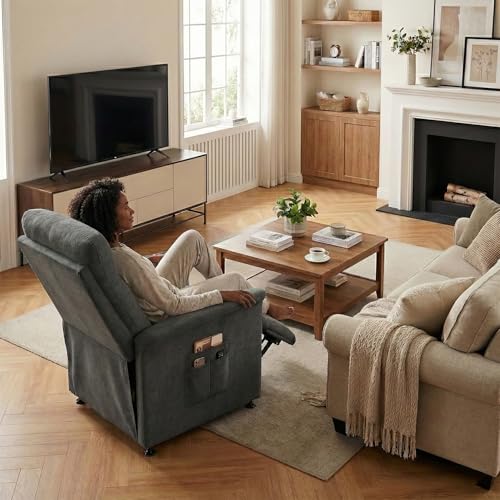 Image of Power Recliner Chair for Adults with Heat & Massage - Soft Fabric Electric Reclining Sofa with Remote Control, 180 Lay Sleeper 3 Side Pockets for Living Room Home Theater, Dark Grey