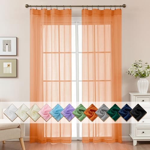 Image of Orange Sheer Curtains 84 Inches Long, Privacy Semi Sheer Curtains for Living Room Bedroom, Light Filtering Rod Pocket Voile Window Drapes 2 Panels Set, Each 42 inch W x 84 inch L