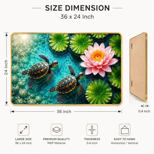 Image of Arkasto Turtle Lotus Wall Painting for Living Room | Premium HD UV Printed MDF Wall Decor | Vastu & Feng Shui Home Decoration | Waterproof Anti Fade Sparkle Laminated Artwork | Rounded Golden Edge Frame | 36 x 24 Inch