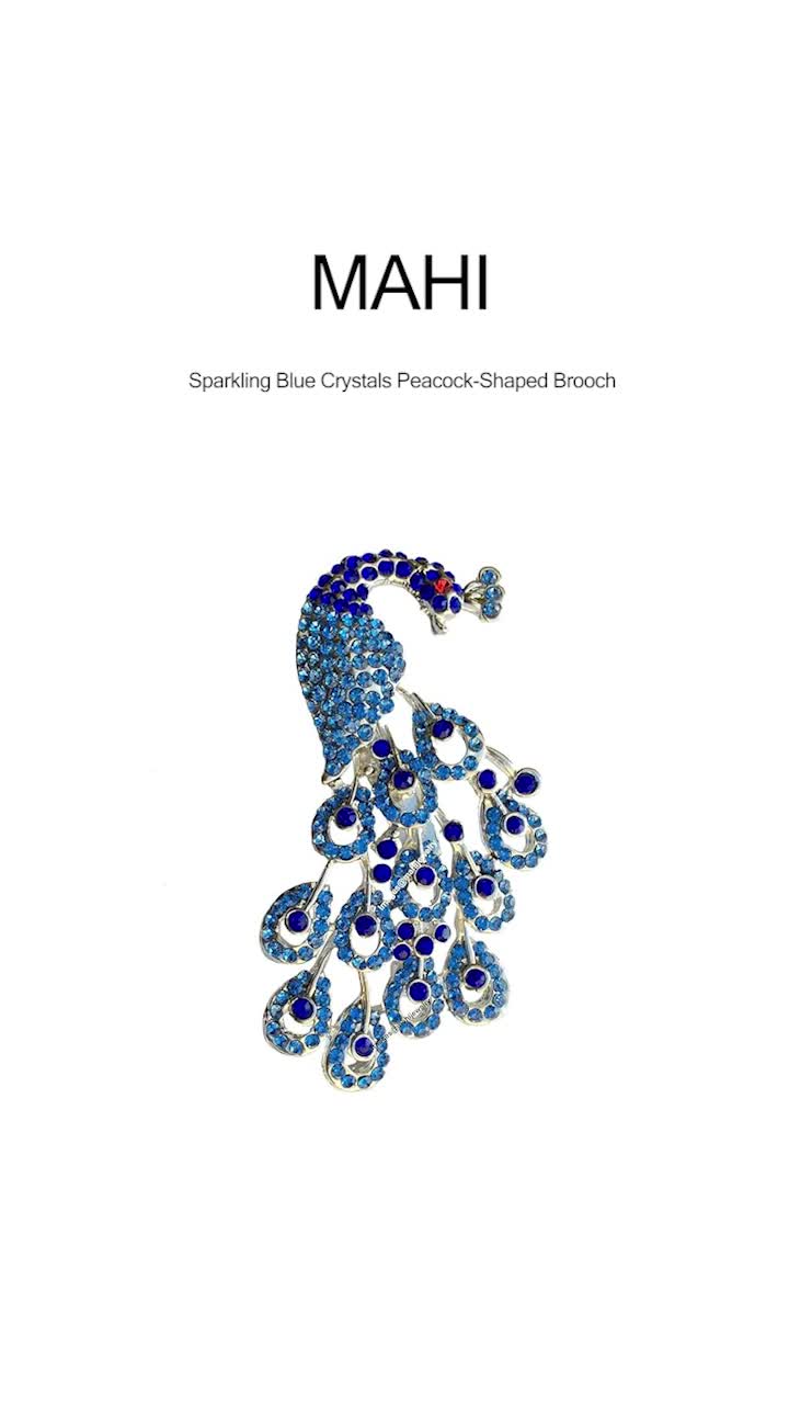 Mahi Sparkling Blue Crystals Peacock-Shaped Brooch/Saree Pin for