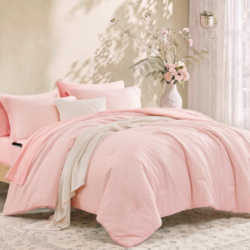 Image of Monbix Full Size Comforter Sets-7 Pieces Soft Bed in a Bag Full Bedding Set | Hot Pink Vertical Ticking Stripe Lightweight All Season Comforter Set with Sheets, Pillowcases & Shams