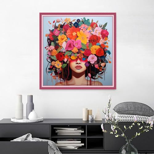 Image of Joyhoor Cross Stitch Kits for Beginners Stamped Cross-Stitch Supplies Needlework preprint Embroidery Kits for Adults DIY Needlepoint Kits Embroidery Patterns 11CT-Colorful Flower Girl 18.x18 inch