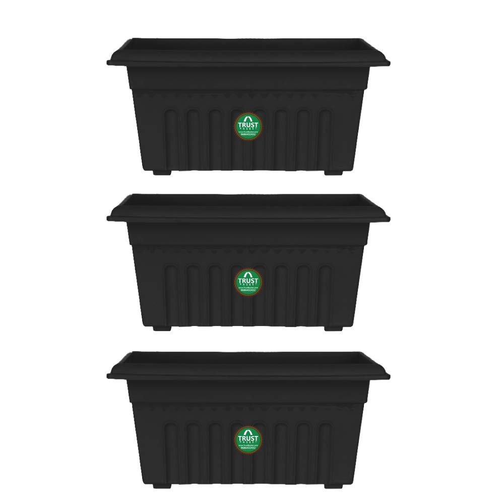 TrustBasket UV Treated Rectangular Plastic Planter (10 inches) – Black Color- Set of 3 | Heavy Duty Highly Durable Plant containerGamla for Indoor Home Decor & Outdoor Balcony Garden