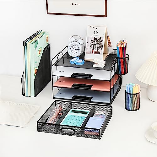 Desk Organizer with File Holder, 4-Tier Letter Paper Tray Organizer with Drawer & 2 Pen Holders, Desk Organizers and Accessories, Mesh Desktop File Organizer and Storage for Office image 2