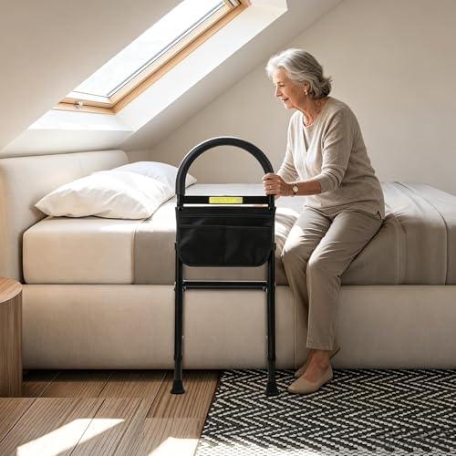 Joparri Aufstehhilfe Bett LED-Sensorlicht Haltegriffe für Senioren zur Vermeidung von Stürzen Höhenverstellbarer Haltegriff Bettschutzgitter Bettgitter für Ältere Schwarz