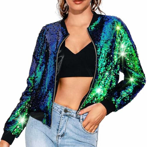 EVILD Sequin Bomber Jackets Green Sparkly Jacket Glitter Rave Outfits for Women