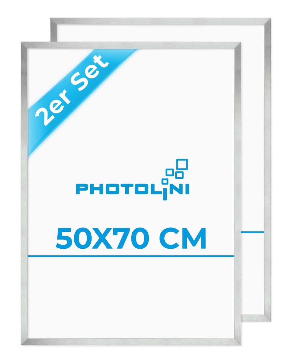PHOTOLINI Bilderrahmen 50x70 Holz MDF 2er Set Silber, 50x70 cm Bilderrahmen groß, Rahmen 70x50 Puzzle, bruchsicheres Acrylglas, picture frame zum Aufhängen, Fotorahmen für Puzzle, Fotos & Poster