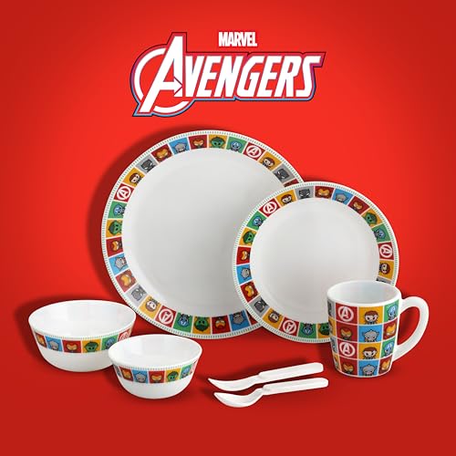 Image of CELLO Kidzbee Avengers Design Set of 7 Pieces Opalware Kids Dinner Set, White | Food Grade Toughened OpalGlass, Microwave & Dishwasher Safe, Bone Ash Free, Stackble Bowls Mug & Plates Kids Dinner Set