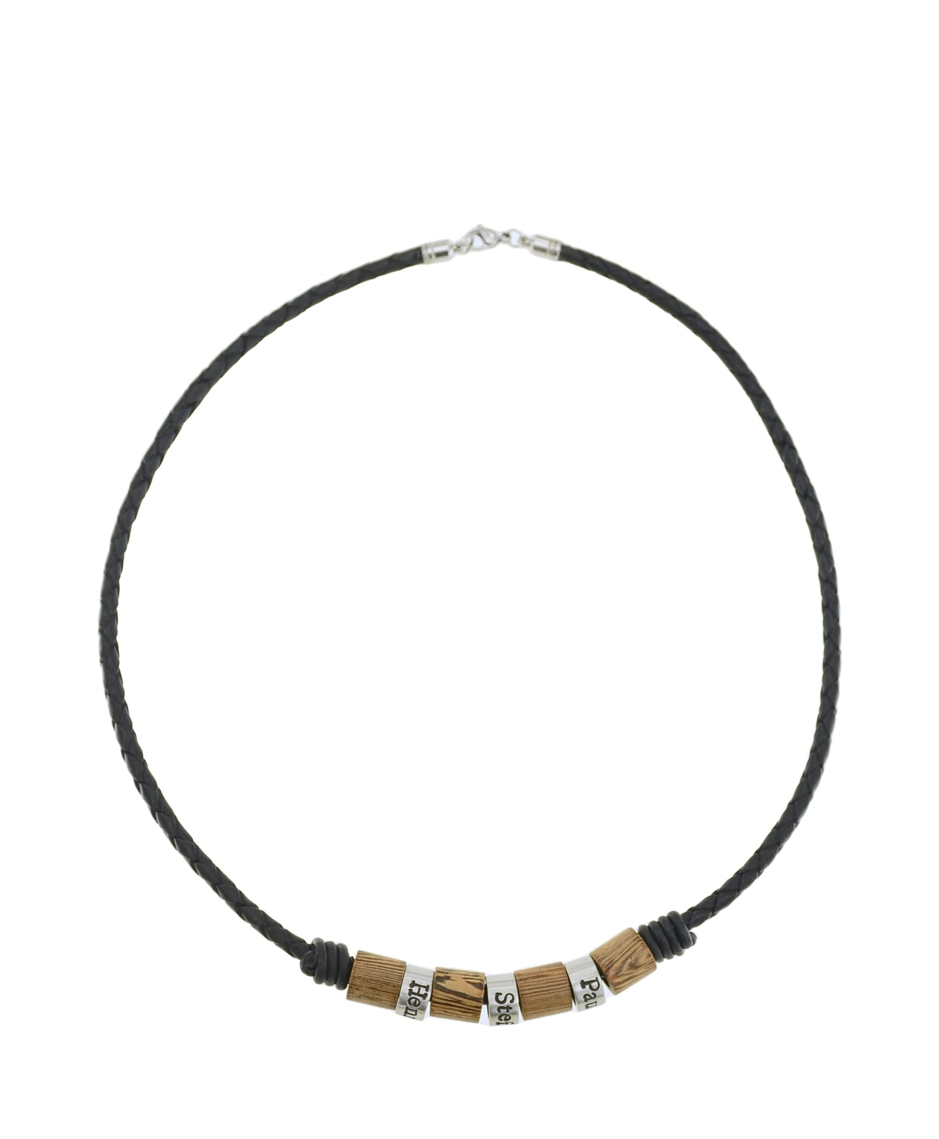 Personalisierte lederkette herren mit gravur namen kette aus leder mit 3 anhängern individuell wählbar geschenk für männer mit holzperlen und edelstahl elementen
