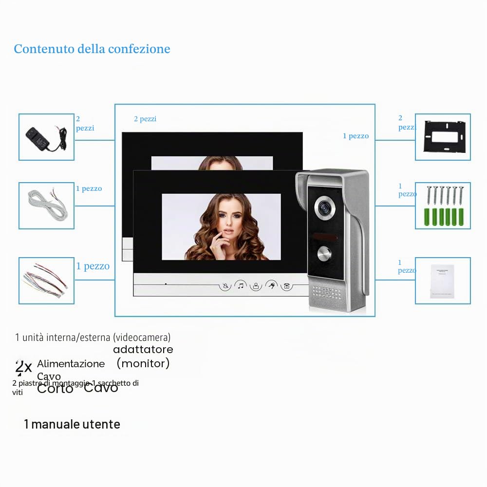 Sistema videocitofonico 2 monitor Videocitofono 7 pollici Clear Display per campanello per la casa Videocamera Night Vision Max a 100 metri