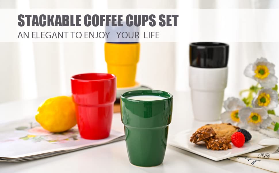 BYCNZB 8oz ceramic Stacking Coffee cups Multiple colors Perfect For Tea, Espresso, Latte ice cream and cold drinks set of 6 with Heat-resistant Silicone Nonslip cup Sleeve