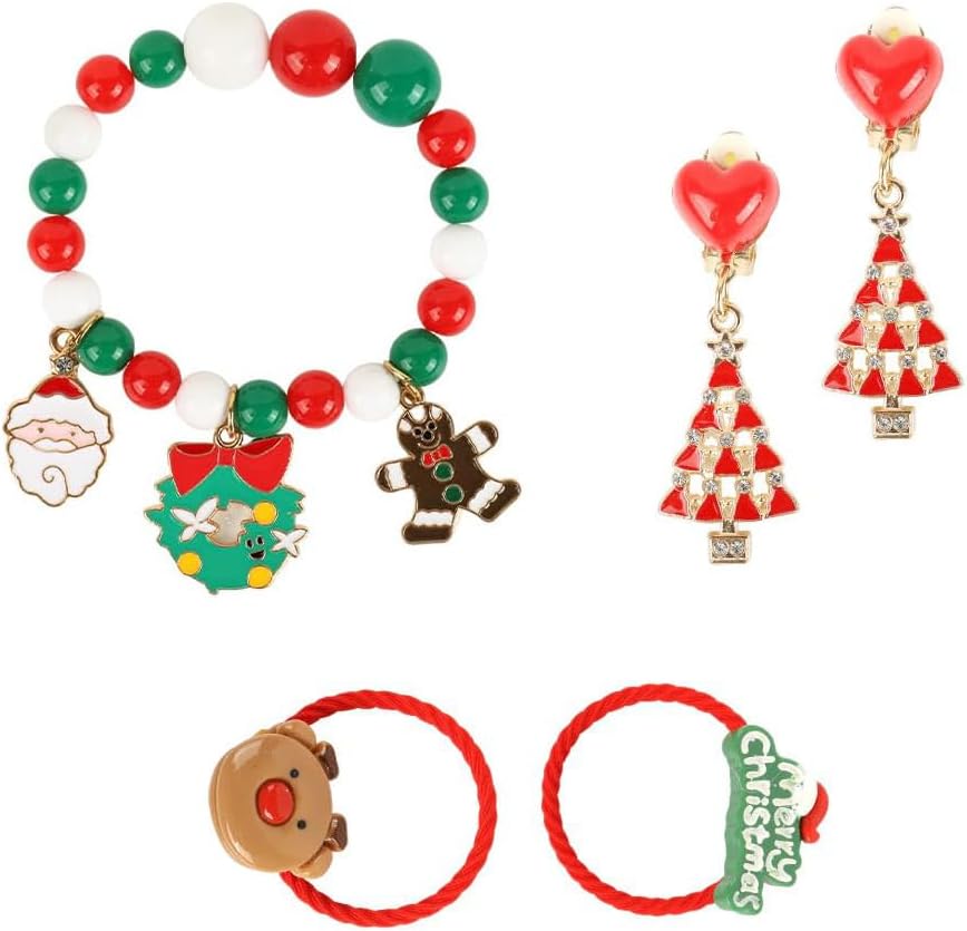 SANNIDHI® Christmas Bracelet for Girls Kids Dress-Up Jewelry Gift Set of 5Pcs, Christmas Decor Decoration Items, Includes Beaded Bracelet, Hair Ties and Non-pierced Earrings