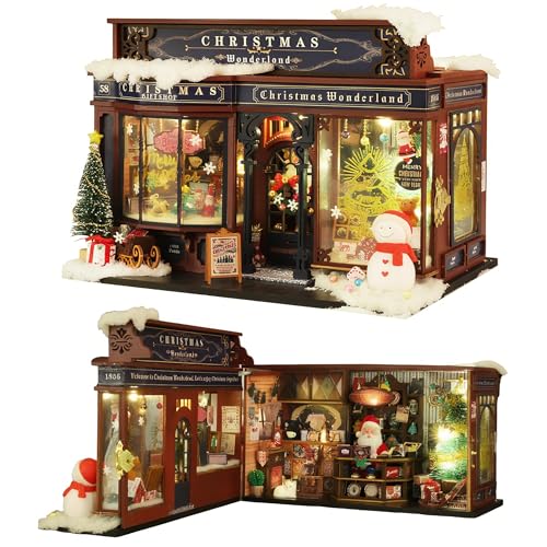 CUTEROOM Casa de muñecas de madera con muebles y obras musicales, juego de manualidades de Navidad con mecanismo móvil, decoración en miniatura iluminada para el hogar
