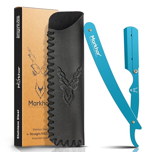 MARKHOR® Cian - Navaja Afeitar Profesional con 100 Cuchillas para hoja de barbero - Cuchilla de Afeitar Hombre Estilo Barbero Clásico - Kit de Afeitado Premium