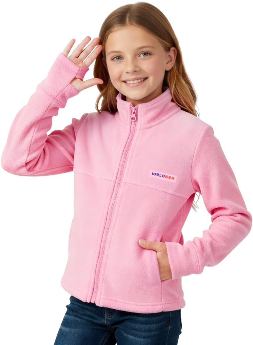 WELAKEN Girls Fleece Jacket – Warm Zip-Up Coat with Pockets and Thumb-Hole Cuffs for Fall Winter