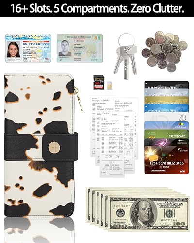 Image of Cow Women's Trifold Wallet,Large Capacity RFID Long Wallet | 16 Card Slots,2 ID Windows,4 Bill Compartments,Vegan Leather,Double Zipper Pockets,Large Capacity Organizer
