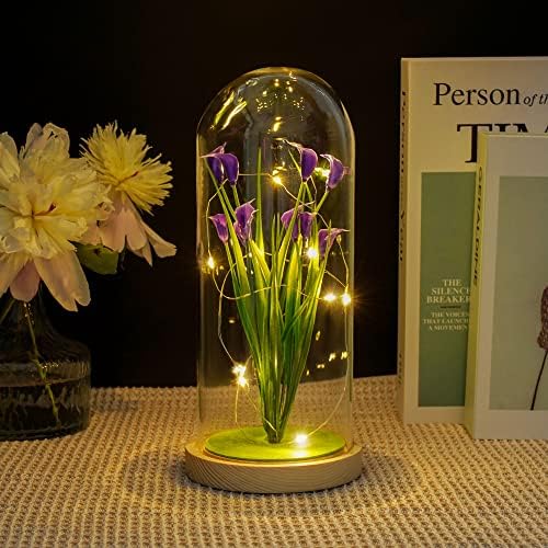 VIODAIM Artificial Preserved Calla Lily Flower in Glass Dome Night Light Table Desk Bedroom Home Office Décor for Mom from Daughter Gifts for Women Kids Birthday Anniversary Valentines Day